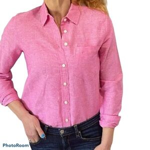 Banana Republic Fushia pink linen long sleeve button down shirt with  col…